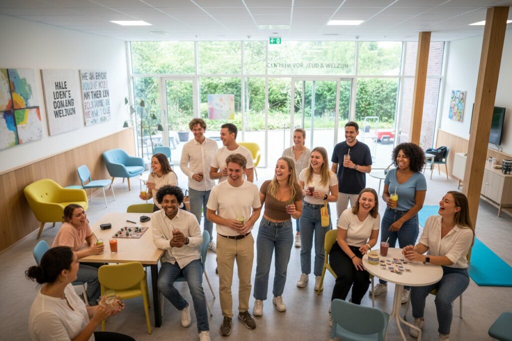 Een diverse groep jonge volwassenen staat en zit lachend bij elkaar in een lichte, moderne ruimte met grote ramen en tafels vol drankjes.